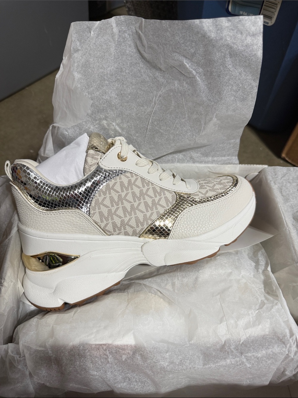 Michael Kors Cream and Gold MK Logo Platform Sneaker